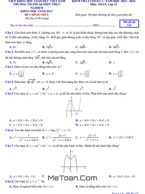 Đề thi học kỳ 1 Toán 12 năm 2023 - 2024 trường Thực Nghiệm Khoa Học Giáo Dục - Hà Nội