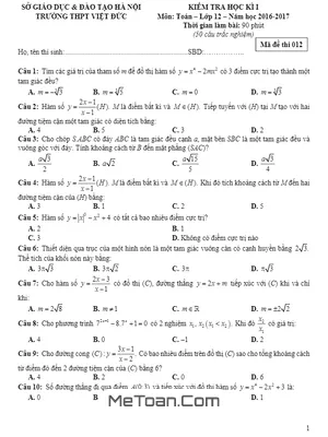 Đề thi HK1 Toán 12 năm 2023 trường THPT Đức Việt – Hà Nội