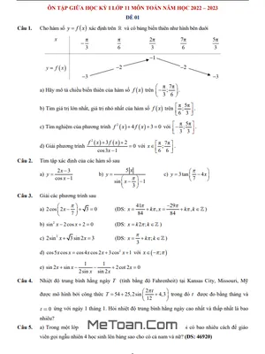 7 Đề Ôn Tập Giữa Kỳ 1 Toán 11 Năm 2022 - 2023 Trường THPT Thủ Đức - TP HCM