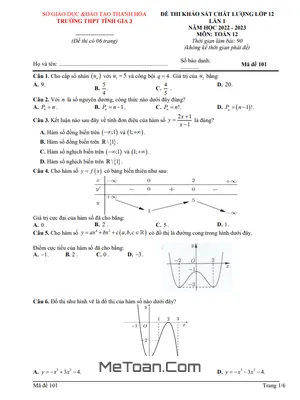 Đề khảo sát Toán 12 lần 1 năm 2022 – 2023 trường Tĩnh Gia 3 – Thanh Hóa