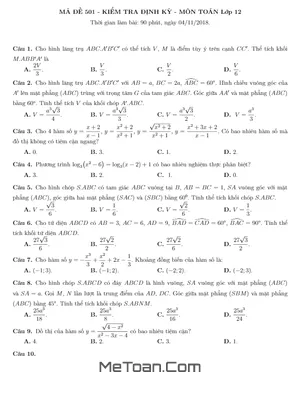 Đề Kiểm Tra Định Kỳ Toán 12 Năm 2018 - 2019 Trường Nguyễn Khuyến - TP.HCM Lần 5
