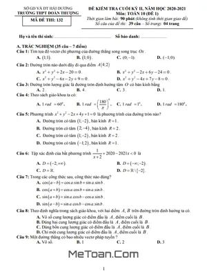 Đề thi cuối kỳ 2 Toán 10 năm 2020 - 2021 trường THPT Đoàn Thượng - Hải Dương