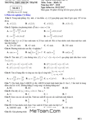Đề thi HK1 Toán 11 năm học 2017 - 2018 trường THPT Phước Thạnh - Tiền Giang (có đáp án)