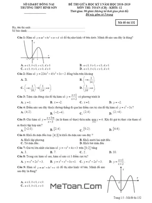 Đề thi giữa học kỳ 1 Toán 12 năm 2018 - 2019 trường THPT Bình Sơn - Đồng Nai