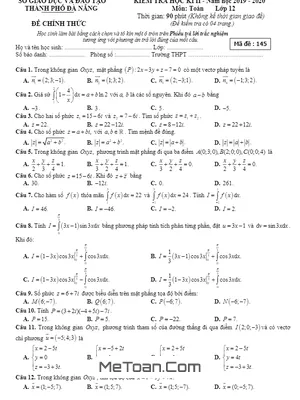 Đề thi học kì 2 môn Toán 12 năm học 2019 - 2020 sở GD&ĐT Đà Nẵng