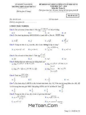 Đề KSCL 8 Tuần HK2 Toán 11 Năm 2017 - 2018 Trường THPT Giao Thủy C - Nam Định