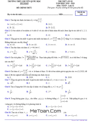 Đề thi thử tốt nghiệp THPT 2020 môn Toán lần 2 trường chuyên Quốc học Huế