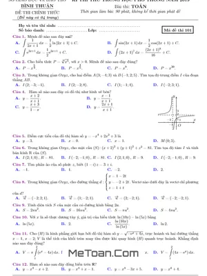 Đề thi thử THPT Quốc gia môn Toán năm 2019 sở GD&ĐT Bình Thuận