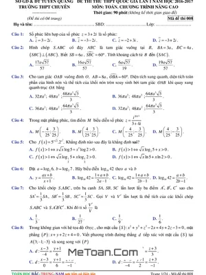 Đề Thi Thử THPT Quốc Gia 2017 Môn Toán Trường THPT Chuyên Tuyên Quang Lần 1
