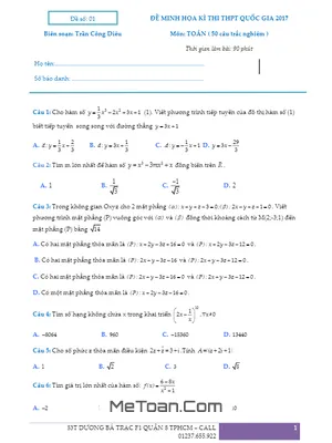 Đề Thi Thử THPT Quốc Gia 2017 Môn Toán Lần 1 - Trần Công Diêu