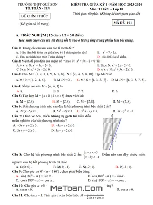 Đề thi giữa kỳ 1 Toán 10 năm 2023 - 2024 trường THPT Quế Sơn - Quảng Nam