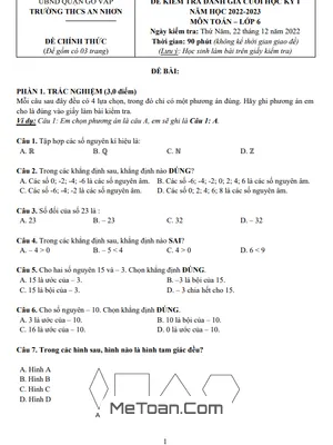 Đề thi học kì 1 Toán lớp 6 năm 2022 - 2023 trường THCS An Nhơn - TP.HCM