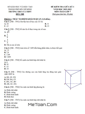Đề Tham Khảo Học Kỳ 1 Toán 7 Năm 2022 - 2023 Trường Đức Trí - TP HCM