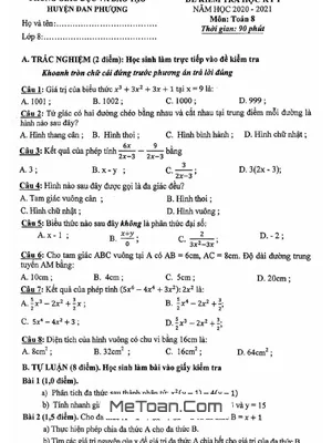 Đề thi HK1 Toán 8 năm 2020 - 2021 phòng GD&ĐT Đan Phượng - Hà Nội
