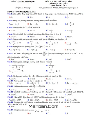 Đề thi giữa kì 2 Toán 8 năm 2022 - 2023 phòng GD&ĐT Sơn Động - Bắc Giang