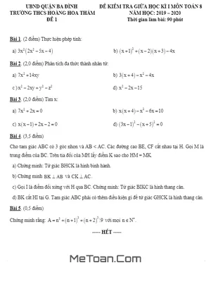 Đề thi giữa kì 1 Toán 8 năm 2019 - 2020 trường Hoàng Hoa Thám - Hà Nội (có đáp án)