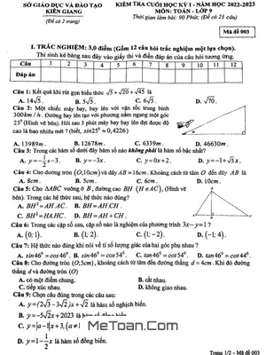 Đề thi học kì 1 Toán 9 năm 2022 - 2023 Sở GD&ĐT Kiên Giang