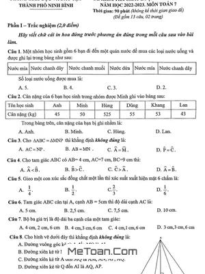 Đề thi giữa kì 2 Toán 7 năm 2022 - 2023 phòng GD&ĐT thành phố Ninh Bình