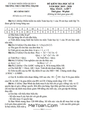 Đề kiểm tra học kỳ 2 Toán lớp 7 năm 2019 - 2020 trường THCS Trường Thạnh - TP.HCM