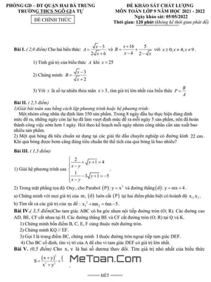 Đề khảo sát chất lượng Toán 9 năm 2021 - 2022 trường THCS Ngô Gia Tự - Hà Nội