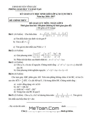 Đề Giao Lưu HSG Toán 8 Năm 2016 - 2017 Phòng GD&ĐT Vĩnh Lộc - Thanh Hóa