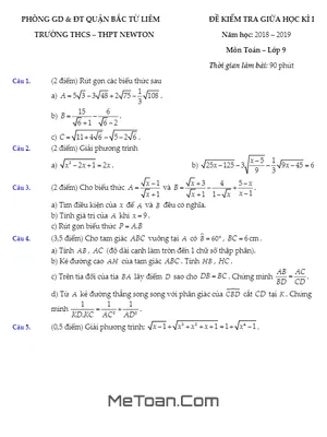 Đề thi giữa HK1 Toán 9 năm học 2018 - 2019 trường Newton - Hà Nội