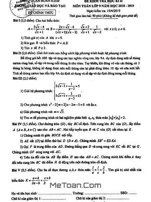 Đề thi HK2 Toán 9 năm 2018 – 2019 phòng GD&ĐT Hoàn Kiếm – Hà Nội