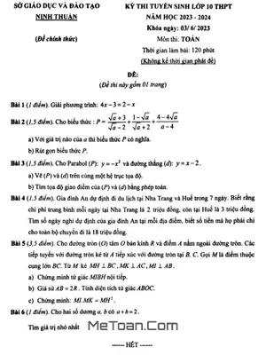 Đề thi tuyển sinh lớp 10 môn Toán năm 2023 - 2024 Sở GD&ĐT Ninh Thuận