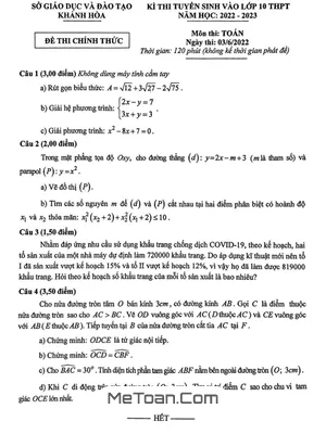 Đề thi tuyển sinh vào lớp 10 môn Toán năm 2022 - 2023 sở GD&ĐT Khánh Hòa