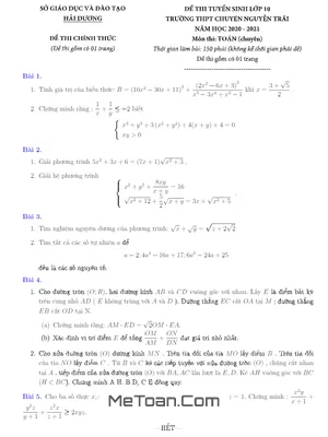 Đề Toán Vào Lớp 10 Chuyên Nguyễn Trãi - Hải Dương Năm 2020 - 2021