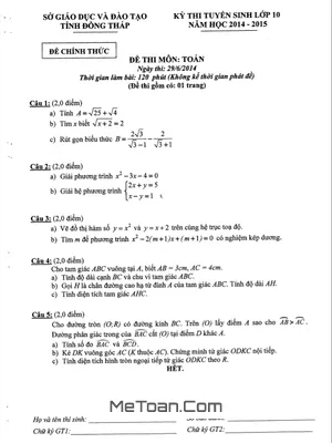 Đề thi tuyển sinh lớp 10 môn Toán năm 2014-2015 - Sở GD&ĐT Đồng Tháp