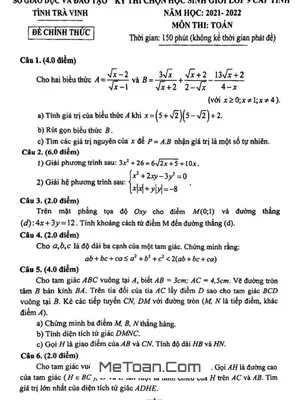 Đề thi HSG Toán 9 cấp tỉnh Trà Vinh năm học 2021 - 2022