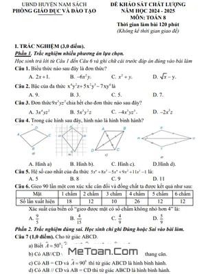 Đề khảo sát chất lượng Toán 8 năm 2024 - 2025 phòng GD&ĐT Nam Sách - Hải Dương