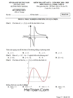 Đề Thi Giữa Kỳ 1 Toán 12 Năm 2024 - 2025 Trường THPT Huỳnh Thúc Kháng - Quảng Nam