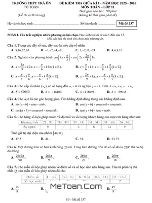 Đề Thi Giữa Kì 1 Toán 11 Năm Học 2025 - 2026 Trường THPT Trà Ôn, Vĩnh Long (Có Đáp Án)