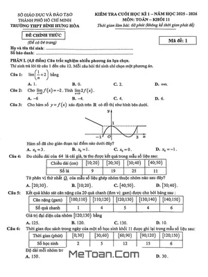 Đề thi cuối học kì 1 Toán 11 năm 2025 - 2026 trường THPT Bình Hưng Hòa - TP.HCM
