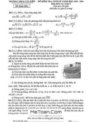 Đề thi cuối kỳ 1 Toán 9 năm 2025 - 2026 trường THCS Cầu Diễn - Hà Nội