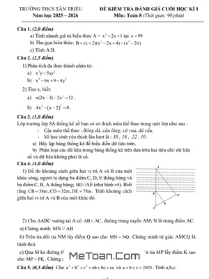 Đề thi cuối học kỳ 1 Toán 8 năm học 2025 – 2026 trường THCS Tân Triều – Hà Nội