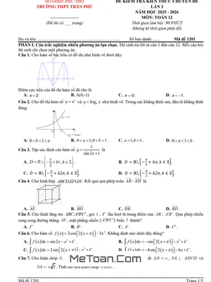 Đề Kiểm Tra Toán 12 Lần 3 Năm 2025-2026 THPT Trần Phú - Phú Thọ