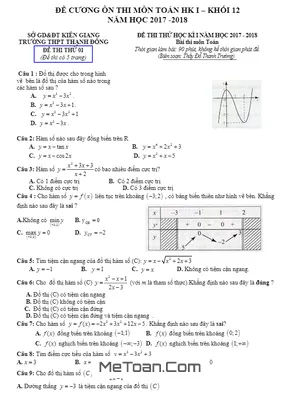 Đề Cương Ôn Thi Môn Toán HK1 Lớp 12 Trường THPT Thạnh Đông - Kiên Giang Năm 2017 - 2018