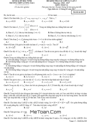 Đề kiểm tra các lớp CLC môn Toán 11 trường THPT Lương Tài 2 – Bắc Ninh lần 3