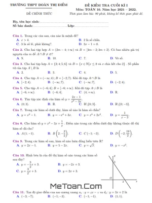 Đề kiểm tra cuối kì 1 Toán 10 năm 2021 - 2022 trường THPT Đoàn Thị Điểm - Hà Nội