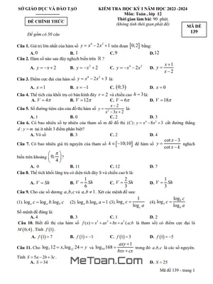 Đề thi học kỳ 1 Toán 12 năm 2023 - 2024 sở GD&ĐT Bình Dương