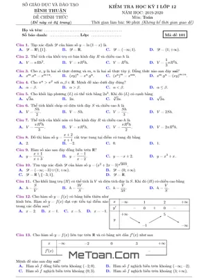 Đề thi HK1 Toán 12 năm học 2019 - 2020 sở GD&ĐT Bình Thuận