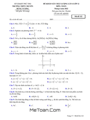 Đề khảo sát Toán 12 lần 4 năm 2022 trường chuyên Hùng Vương – Phú Thọ