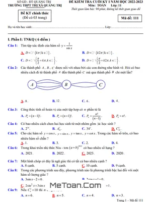 Đề Thi Học Kỳ 1 Toán 11 Năm 2022-2023 Trường THPT Thị Xã Quảng Trị (Có Lời Giải)