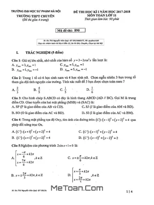 Đề Thi Học Kỳ 1 Toán 11 Năm 2017-2018 Trường THPT Chuyên Đại Học Sư Phạm Hà Nội [Có Đáp Án]