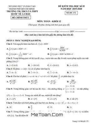 Đề Thi Học Kì 2 Toán 12 Năm 2019 - 2020 Trường Quốc Tế Á Châu - TP.HCM