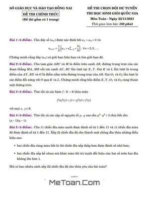 Đề thi chọn HSG Toán Quốc gia 2021-2022 Sở GD&ĐT Đồng Nai - Lớp 12