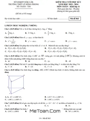 Đề Thi Cuối Kì 2 Toán 11 Năm 2023 - 2024 Trường THPT Lê Hồng Phong - Đắk Lắk